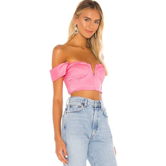 Superdown Coralia Bustier Pink Satin Off Shoulder Crop Top Medium - Picture 2 of 8